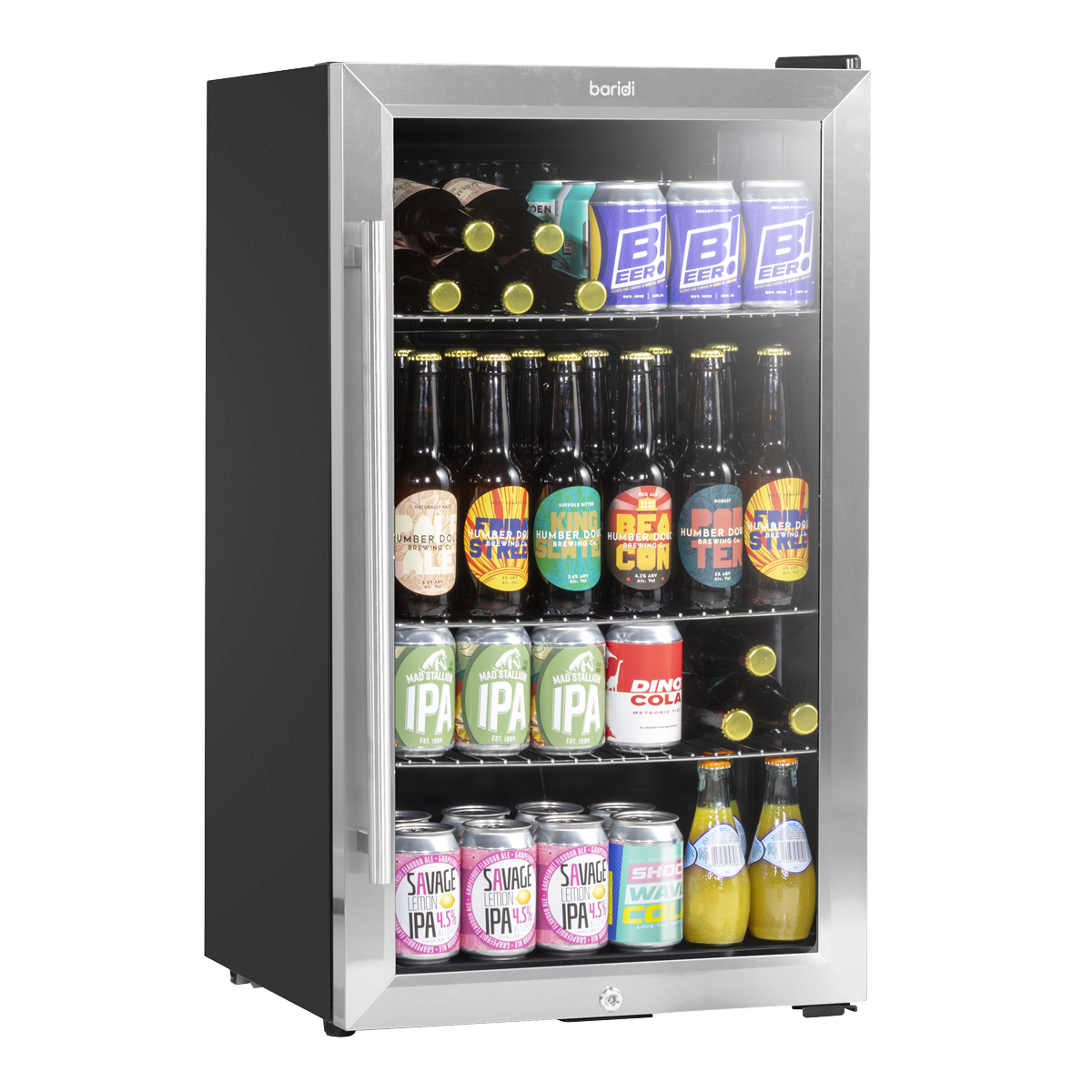 Baridi DH31 Undercounter Drinks, Beer & Wine Fridge with Wire Shelves, Internal Light & Security Lock 85L - Stainless Steel