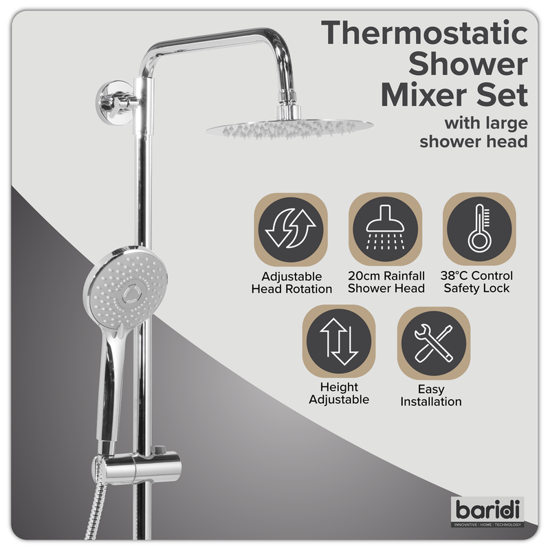 Baridi DH314 Thermostatic Shower Mixer Set, 20cm Round Head, Adjustable Rail - Chrome - additional view 15