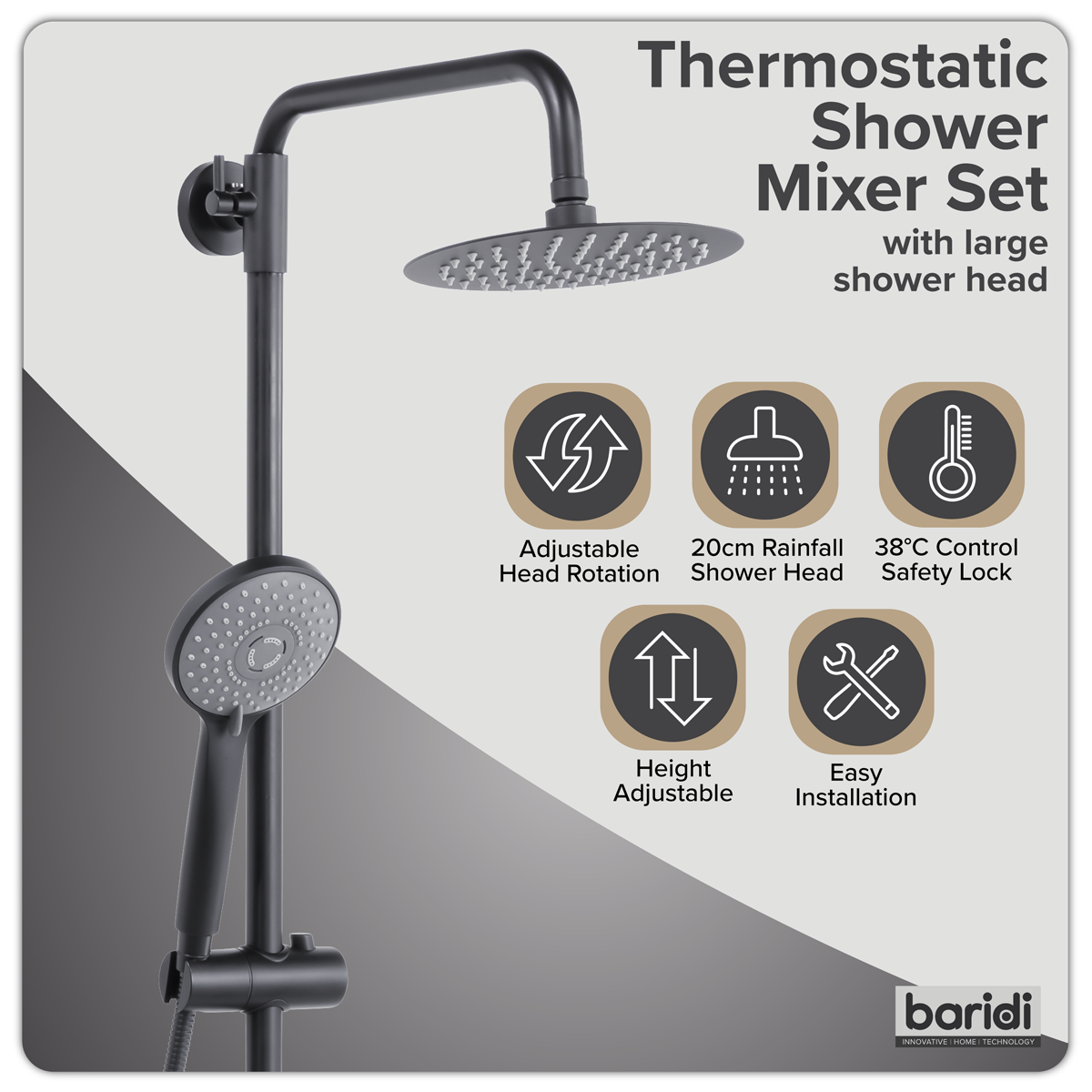 Baridi DH315 Thermostatic Shower Mixer Set, 20cm Round Head, Adjustable Rail - Black - additional view 7