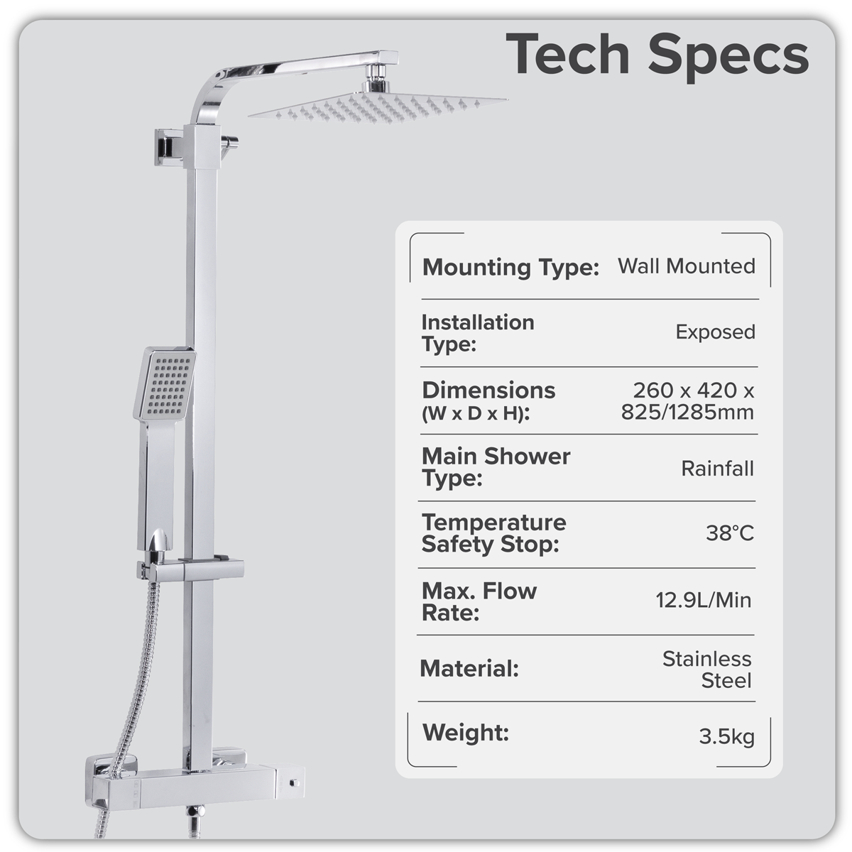 Baridi DH316 Thermostatic Shower Mixer Set, 20x20cm Square Head, Adjustable Rail - Chrome - additional view 3
