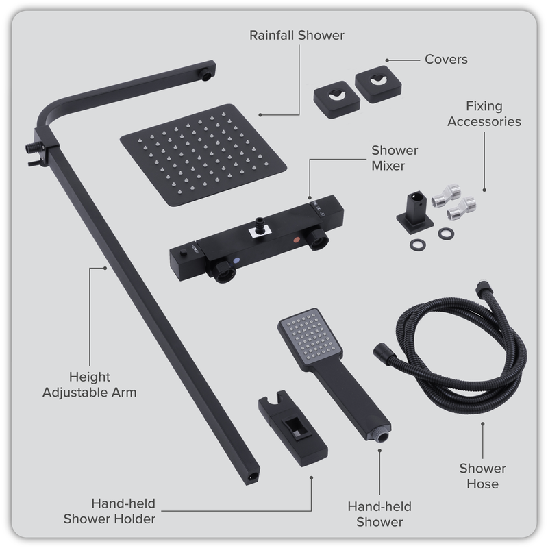 Baridi DH317 Thermostatic Shower Mixer Set, 20x20cm Square Head, Adjustable Rail - Black - additional view 10