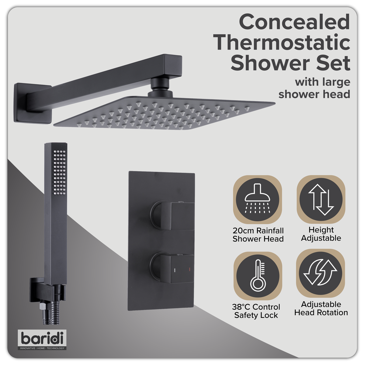 Baridi DH321 Concealed Thermostatic Shower Set 20 x 20cm Square Head & Hand Shower - Black - additional view 10