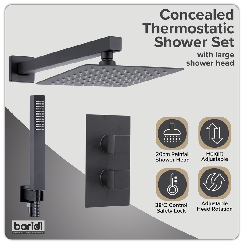 Baridi DH321 Concealed Thermostatic Shower Set 20 x 20cm Square Head & Hand Shower - Black - additional view 10