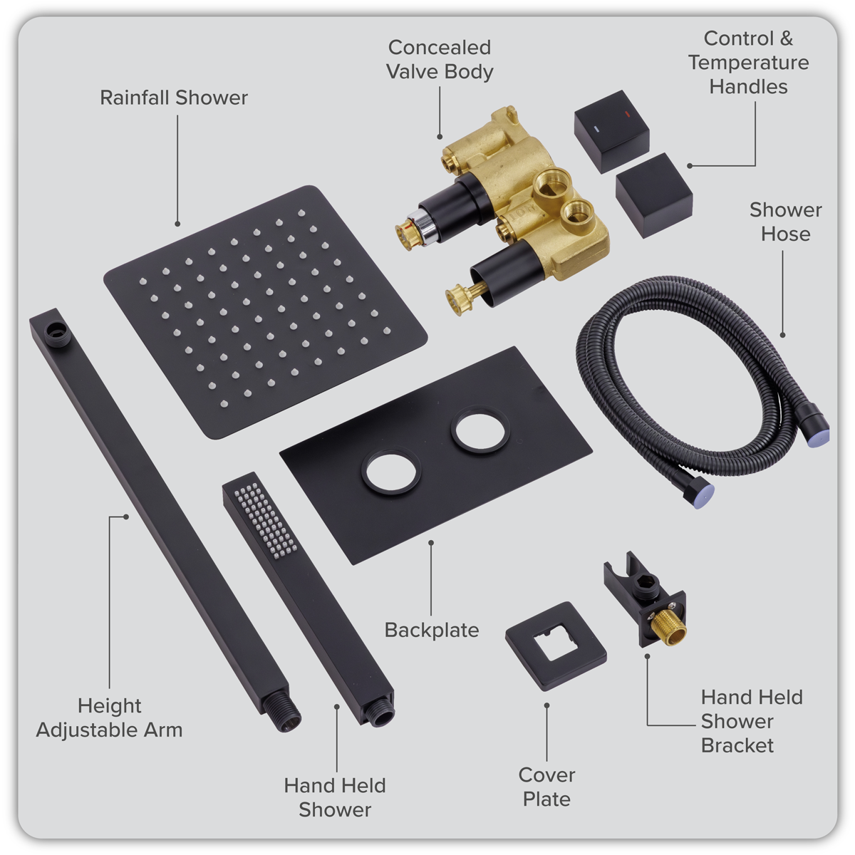 Baridi DH321 Concealed Thermostatic Shower Set 20 x 20cm Square Head & Hand Shower - Black - additional view 9