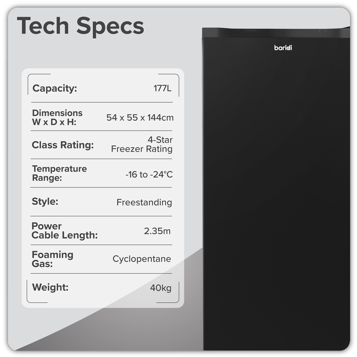 Baridi DH325 Freestanding Tall Freezer 177L Capacity - Black - additional view 13