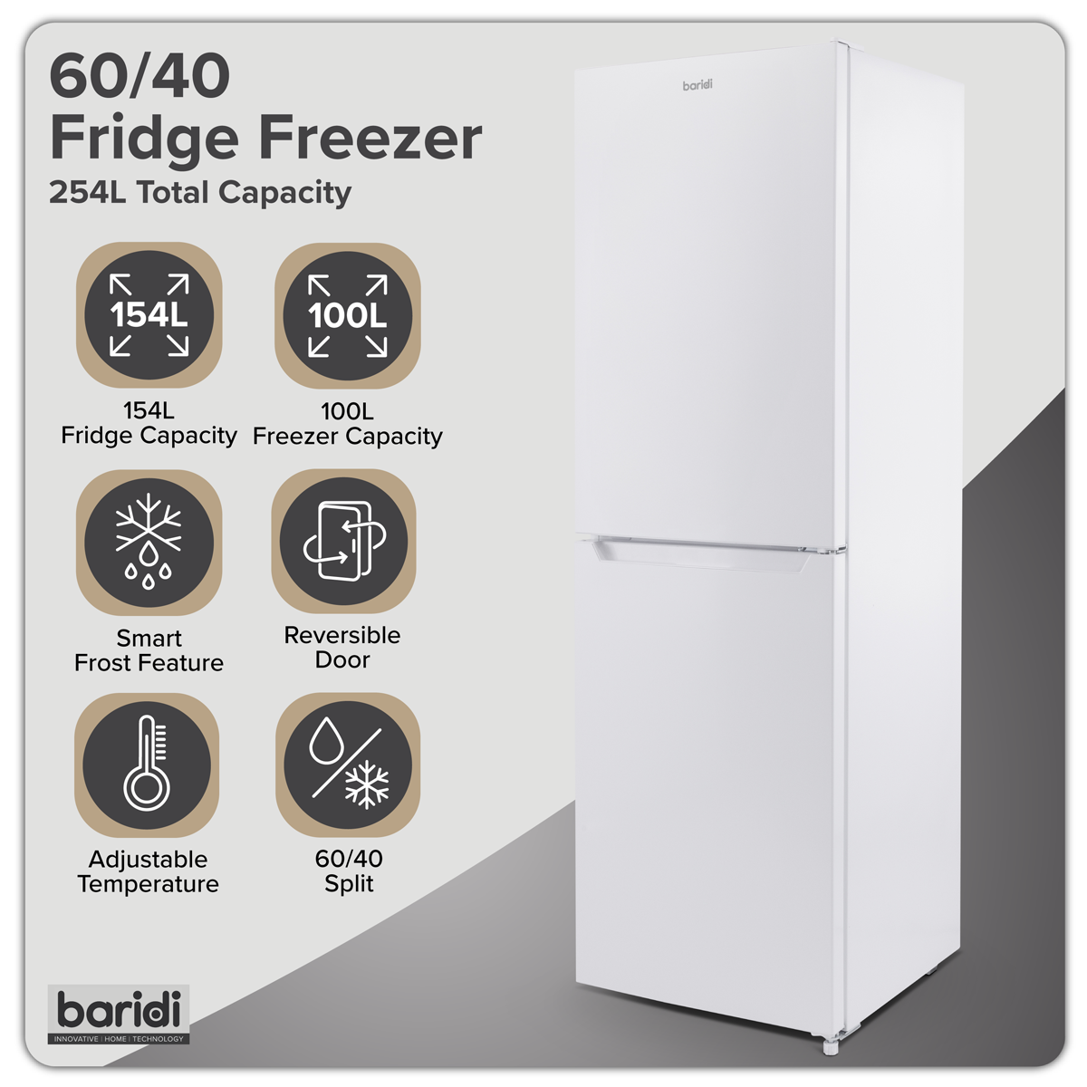 Baridi DH328 50/50 Smart Frost Fridge Freezer 254L Capacity - White - additional view 19