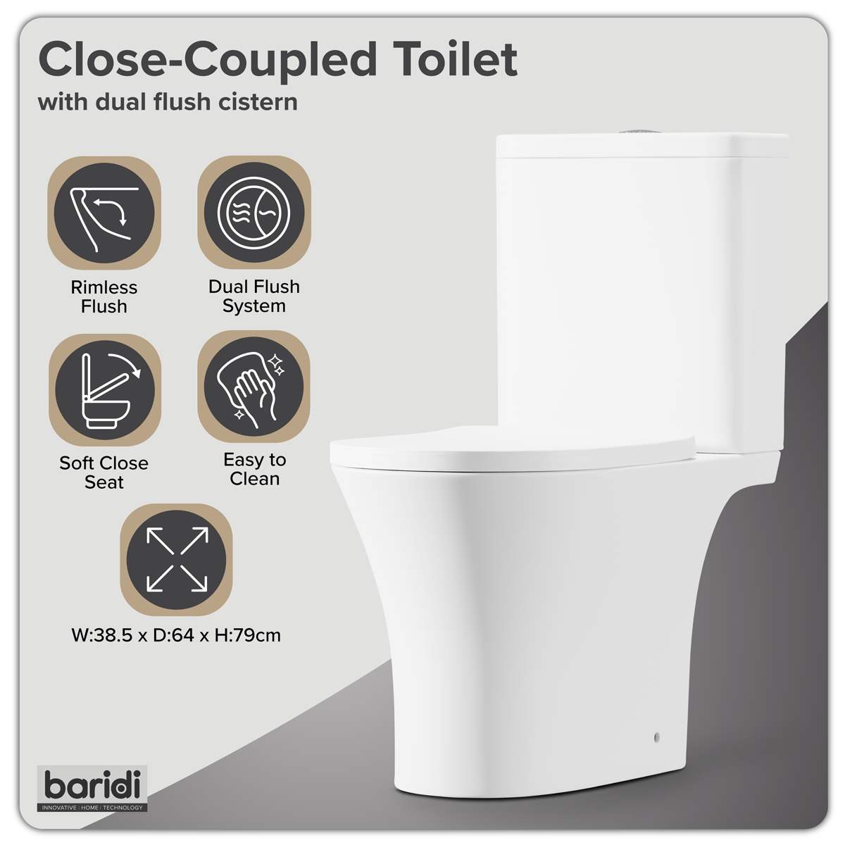 Baridi DH332 Close-Coupled Toilet with Soft Close Seat, Dual Flush Cistern & Rimless Flush - White - additional view 19