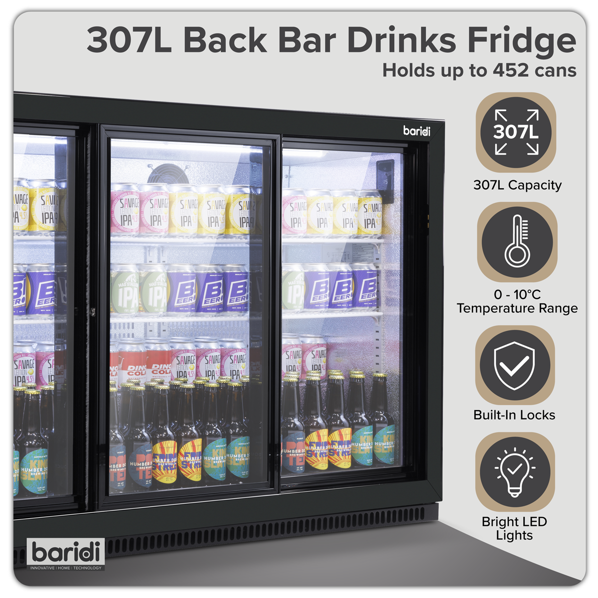Baridi DH337 Back Bar Drinks Fridge/Cooler with Triple Sliding Door & Security Lock 307L - Black - additional view 10