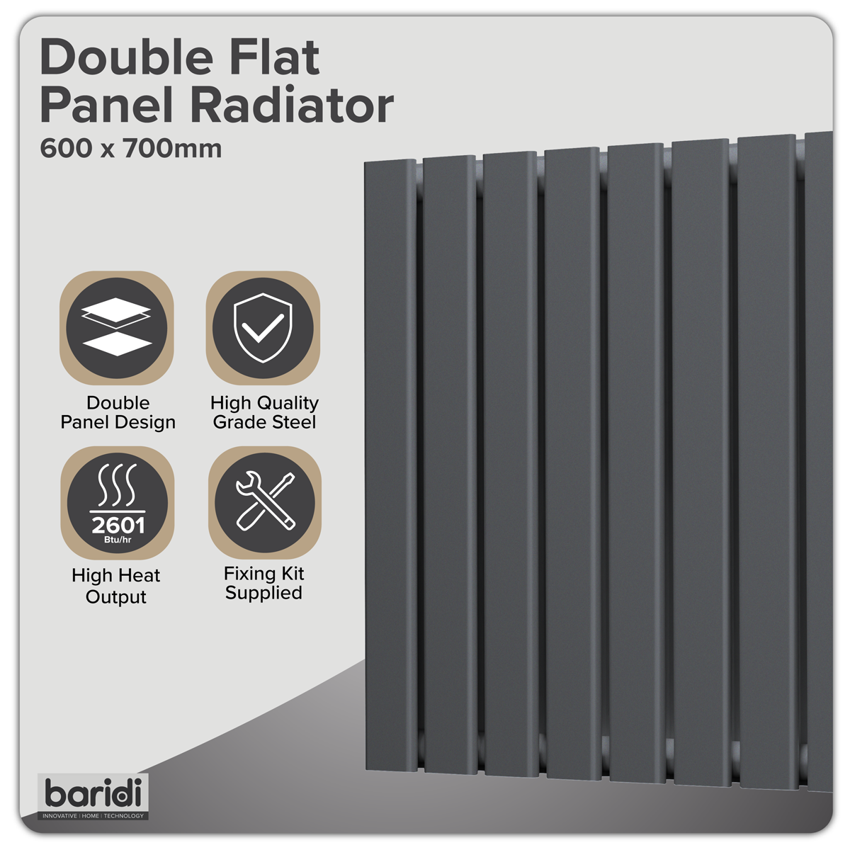 Baridi DH340 Horizontal Radiator Contemporary Double Flat Panel Design 600 x 700mm - Anthracite - additional view 8