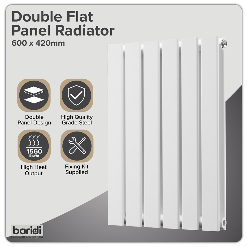 Baridi DH348 Horizontal Radiator Contemporary Double Flat Panel Design 600 x 420mm - White - additional view 4