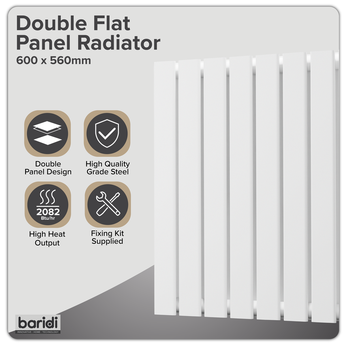Baridi DH349 Horizontal Radiator Contemporary Double Flat Panel Design 600 x 560mm - White - additional view 8