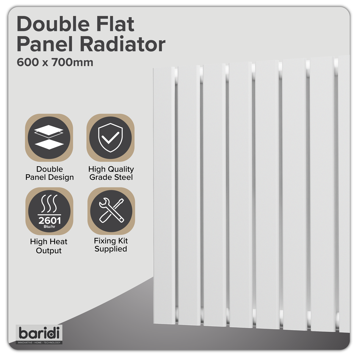 Baridi DH350 Horizontal Radiator Contemporary Double Flat Panel Design 600 x 700mm - White - additional view 9