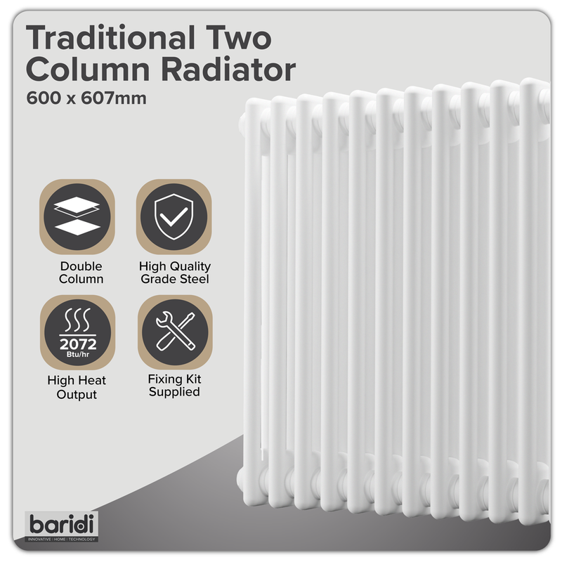 Baridi DH367 Horizontal Traditional 2 Column Radiator 600 x 607mm - White - additional view 11