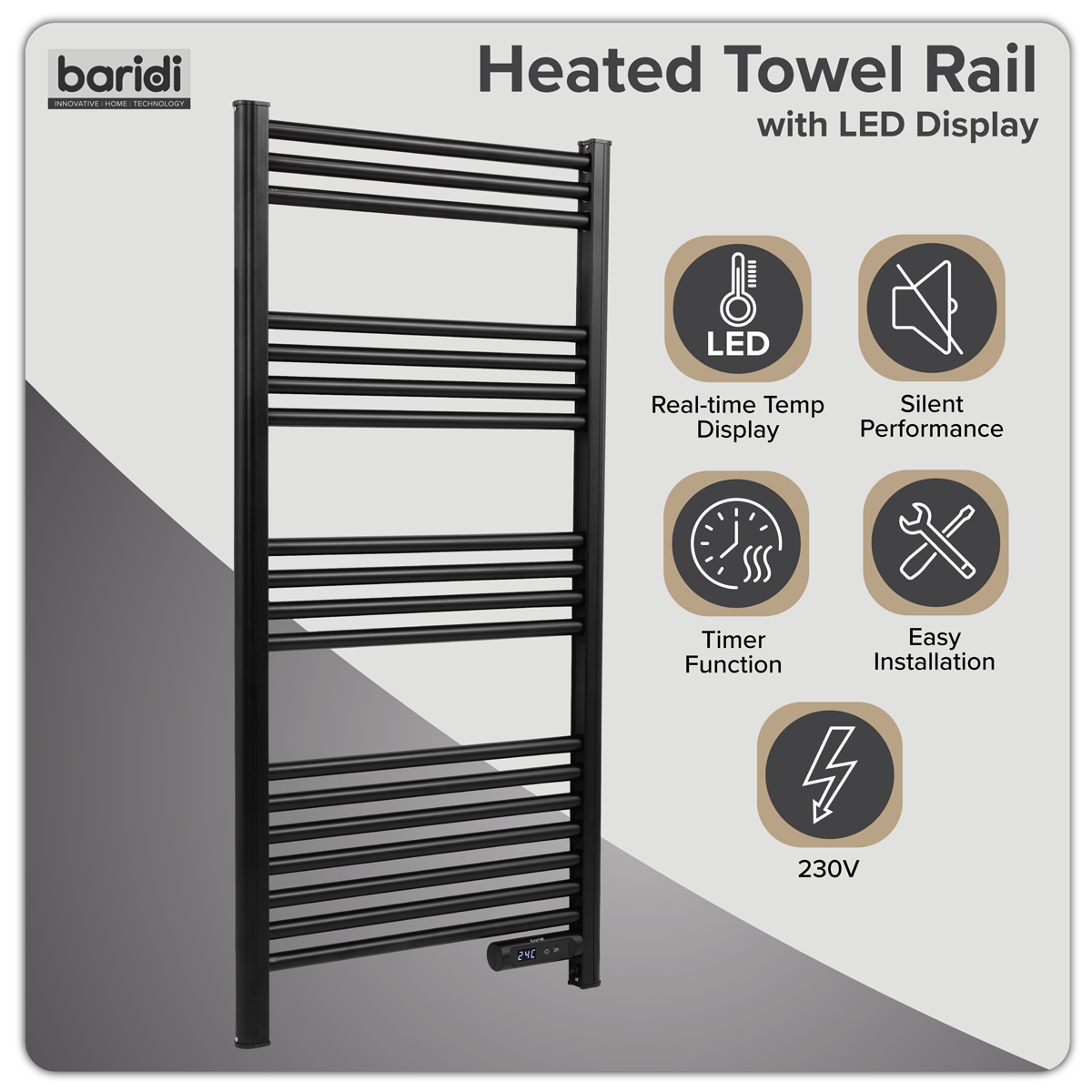 Baridi DH371 Electric Heated Towel Rail 1085 x 535mm with LED Display - Black - additional view 5