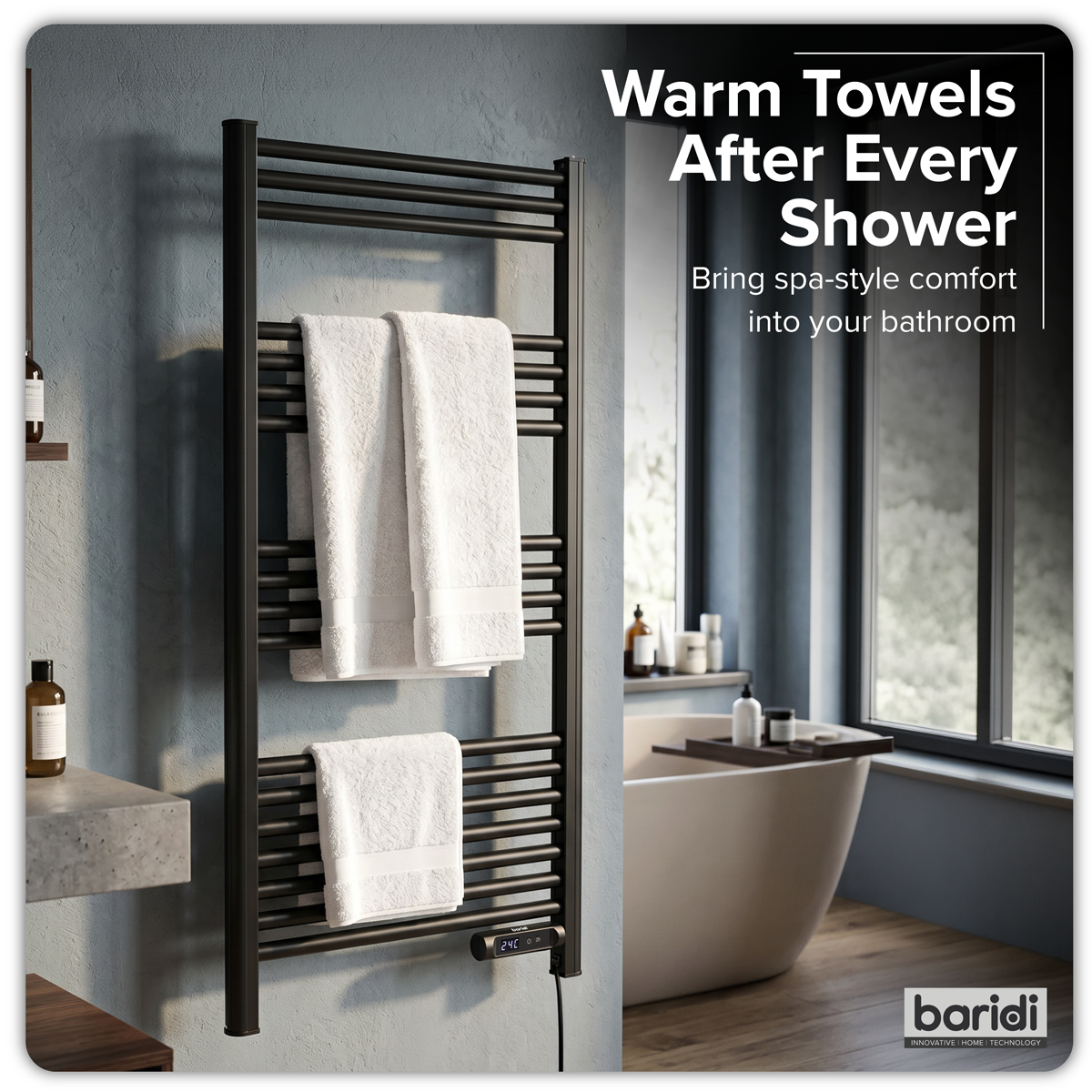 Baridi DH371 Electric Heated Towel Rail 1085 x 535mm with LED Display - Black - additional view 10