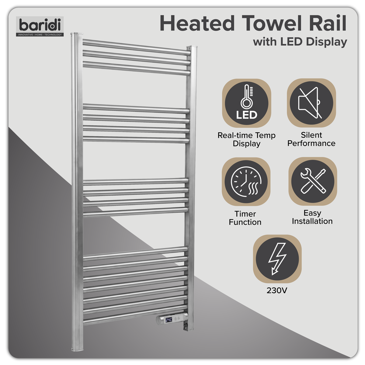Baridi DH372 Electric Heated Towel Rail 1085 x 535mm with LED Display - Silver - additional view 2