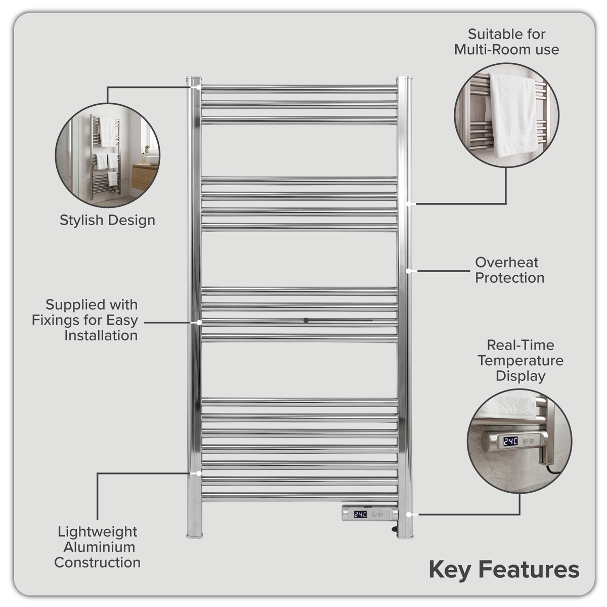 Baridi DH372 Electric Heated Towel Rail 1085 x 535mm with LED Display - Silver - additional view 3