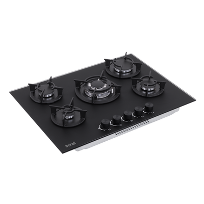 Baridi DH384 70cm Gas Hob Matt Black with 5 Burners, Cast Iron Supports & Auto Ignition 10.4kW
