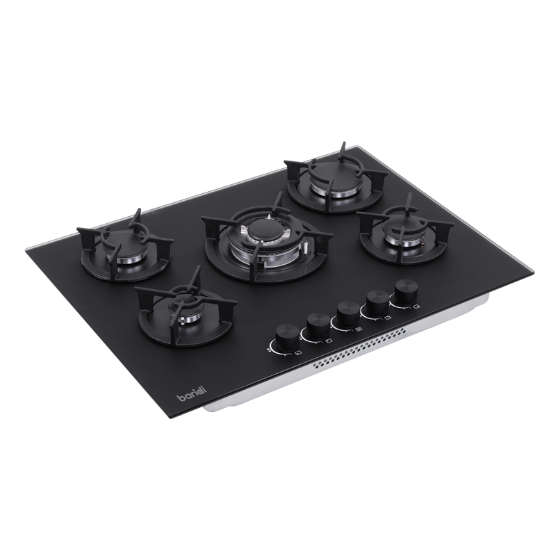 Baridi DH384 70cm Gas Hob Matt Black with 5 Burners, Cast Iron Supports & Auto Ignition 10.4kW