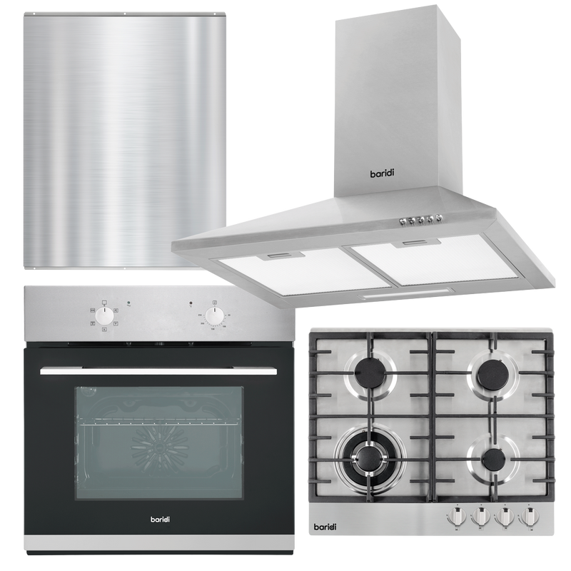 Baridi DH390 Kitchen Appliance Bundle - Integrated Fan-Assisted Oven, Stainless Steel Gas Hob, Chimney Cooker Hood &
