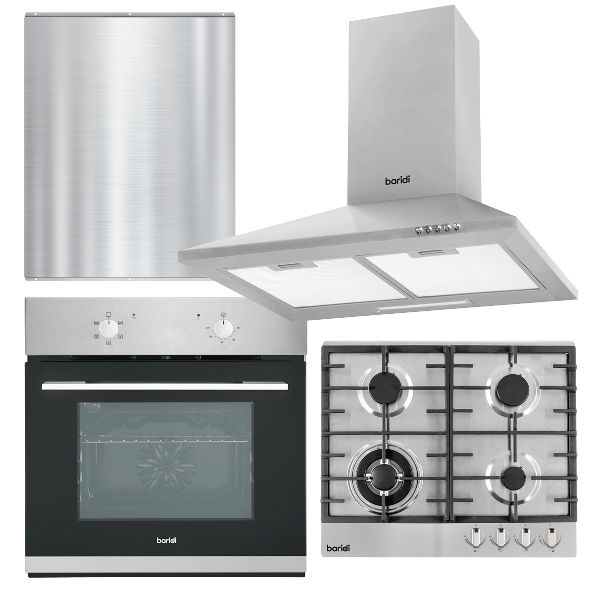 Baridi DH390 Kitchen Appliance Bundle - Integrated Fan-Assisted Oven, Stainless Steel Gas Hob, Chimney Cooker Hood &