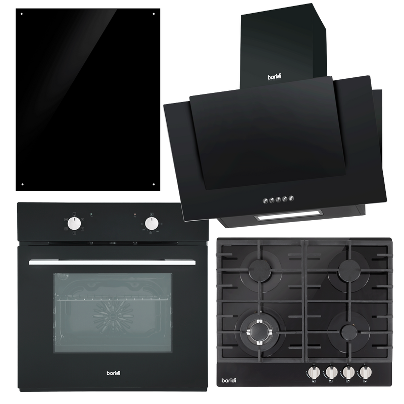 Baridi DH391 Kitchen Appliance Bundle - Integrated Fan-Assisted Oven, Black Glass Gas Hob, Angled Chimney Cooker Hood & Black