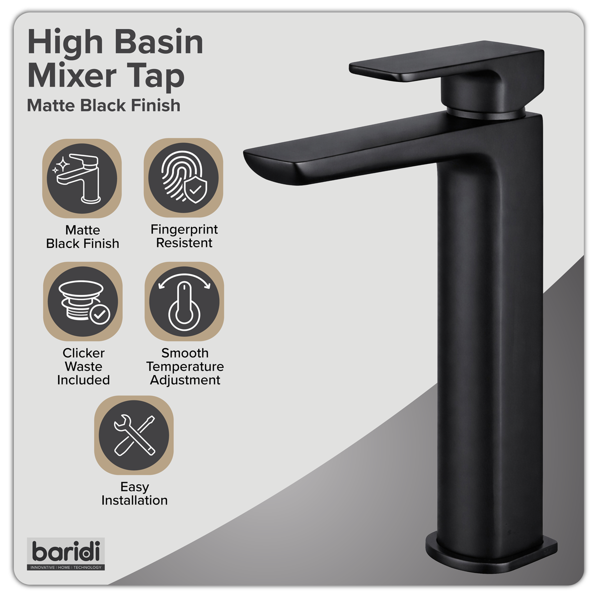 Baridi DH395 High Basin Mixer Tap with Clicker Waste - Matt Black - additional view 3