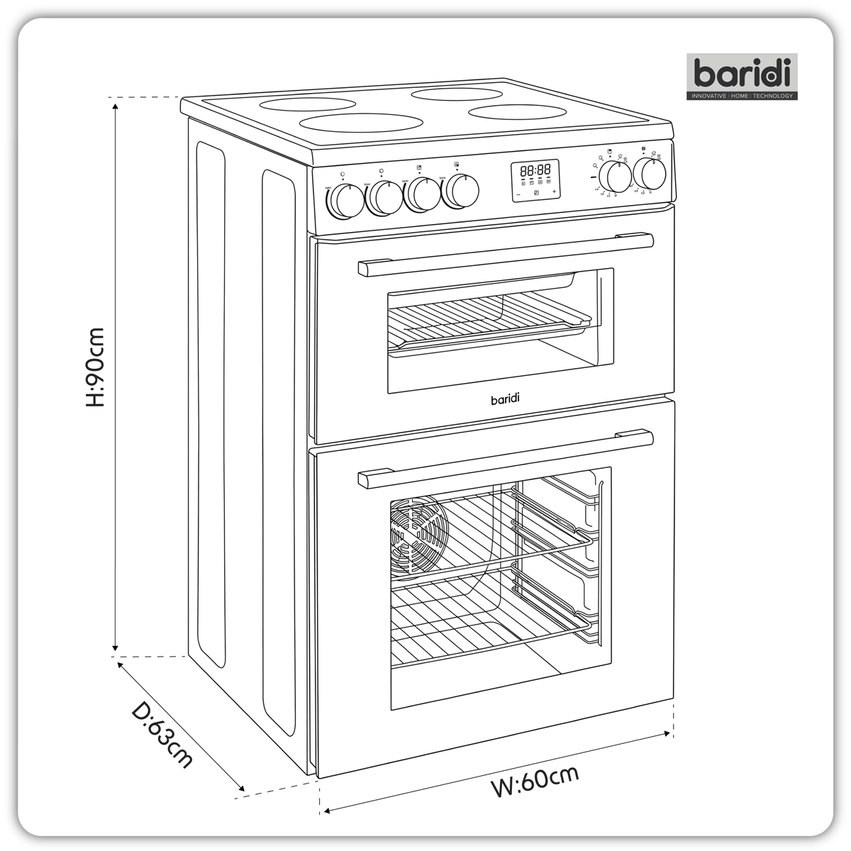 Baridi DH429 60cm Freestanding Cooker with 99L Double Cavity & Ceramic Hob - Black - additional view 13