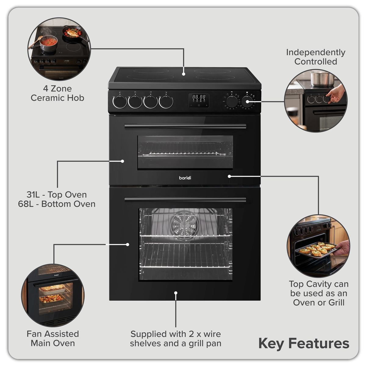 Baridi DH429 60cm Freestanding Cooker with 99L Double Cavity & Ceramic Hob - Black - additional view 2