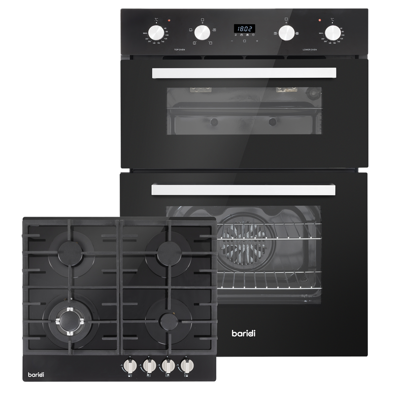 Baridi DH449 72cm Built-Under Double Oven & Black Glass Gas Hob Appliance Bundle - 60cm Wide