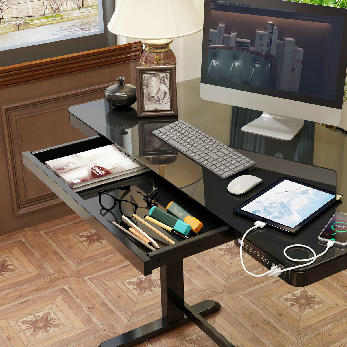 Dellonda DH53 Single Motor Ultra-Quiet Electric Desk with Control Panel, USB Port & Drawer - Black - additional view 7