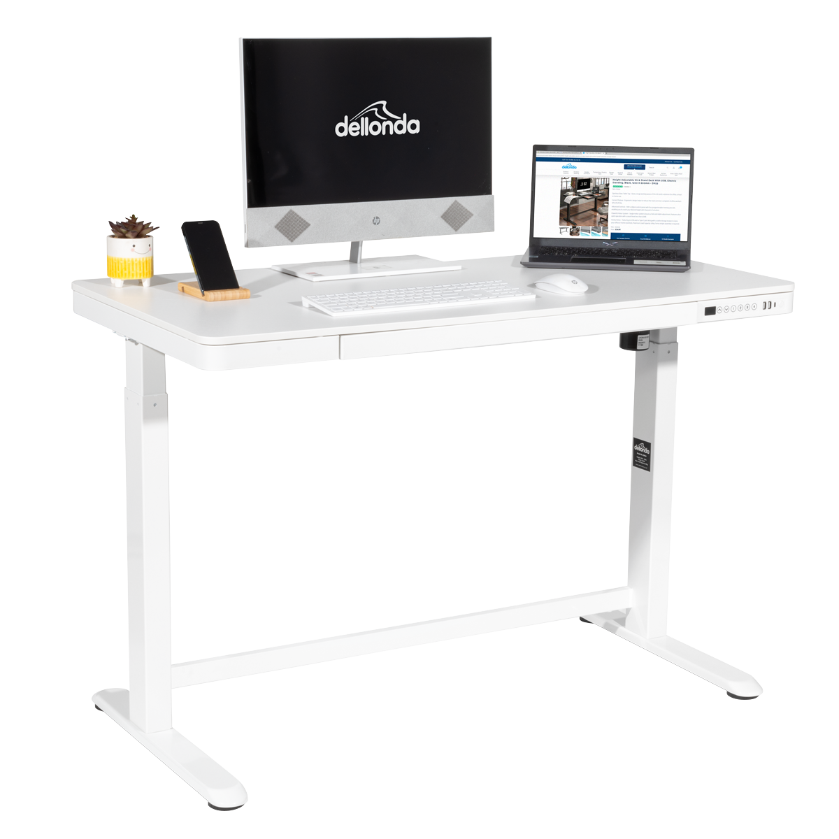 Dellonda DH54 Single Motor Ultra-Quiet Electric Desk with Control Panel, USB Port & Drawer - White - additional view 5