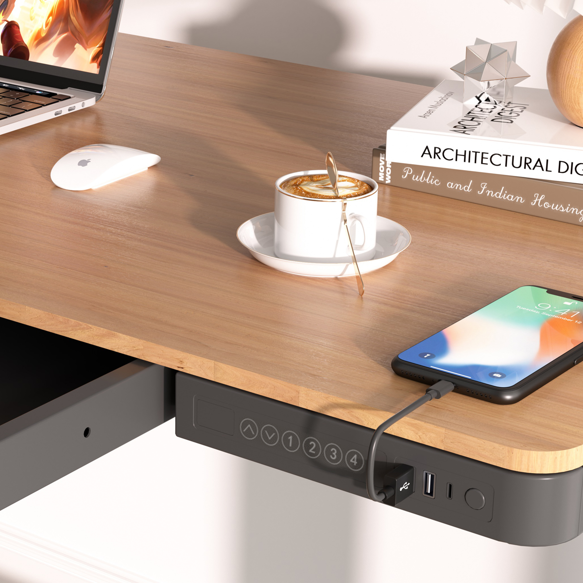 Dellonda DH65 Single Motor Ultra-Quiet Electric Desk with Control Panel, USB Port & Drawer - Oak Desktop - additional view 10