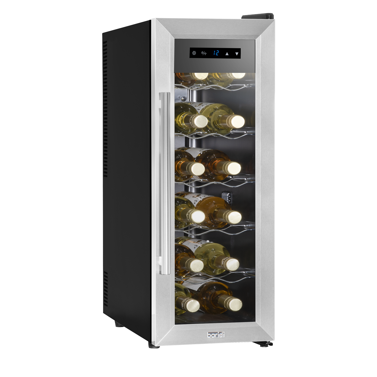Baridi DH74 12 Bottle Wine Fridge with Digital Touch Screen Controls, Metal Shelves & LED Light - Stainless Steel