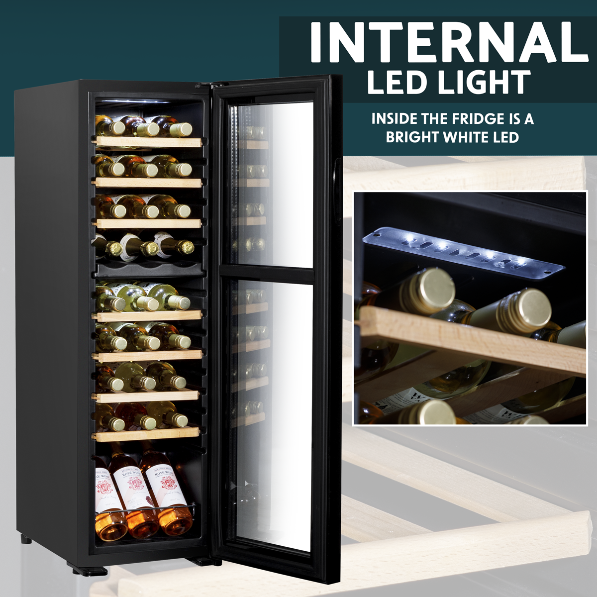 Baridi DH90 27 Bottle Dual Zone Wine Fridge with Digital Touch Screen Controls, Beech Wood Shelves & LED - additional view 7