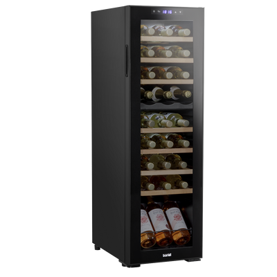 Baridi DH90 27 Bottle Dual Zone Wine Fridge with Digital Touch Screen Controls, Beech Wood Shelves & LED Light - Black