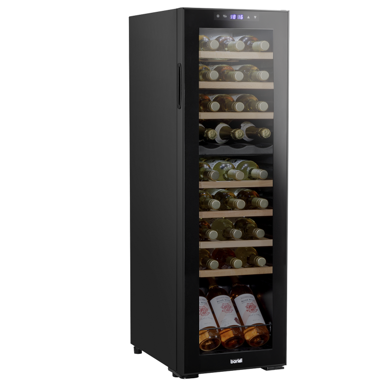 Baridi DH90 27 Bottle Dual Zone Wine Fridge with Digital Touch Screen Controls, Beech Wood Shelves & LED Light - Black