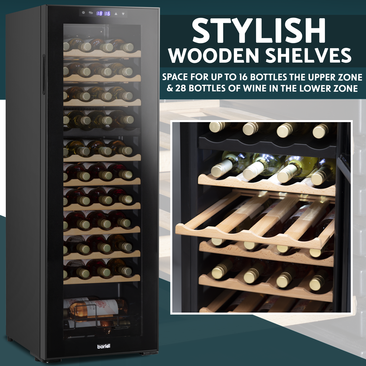 Baridi DH92 44 Bottle Dual Zone Wine Fridge with Digital Touch Screen Controls, Beech Wood Shelves & LED - additional view 13