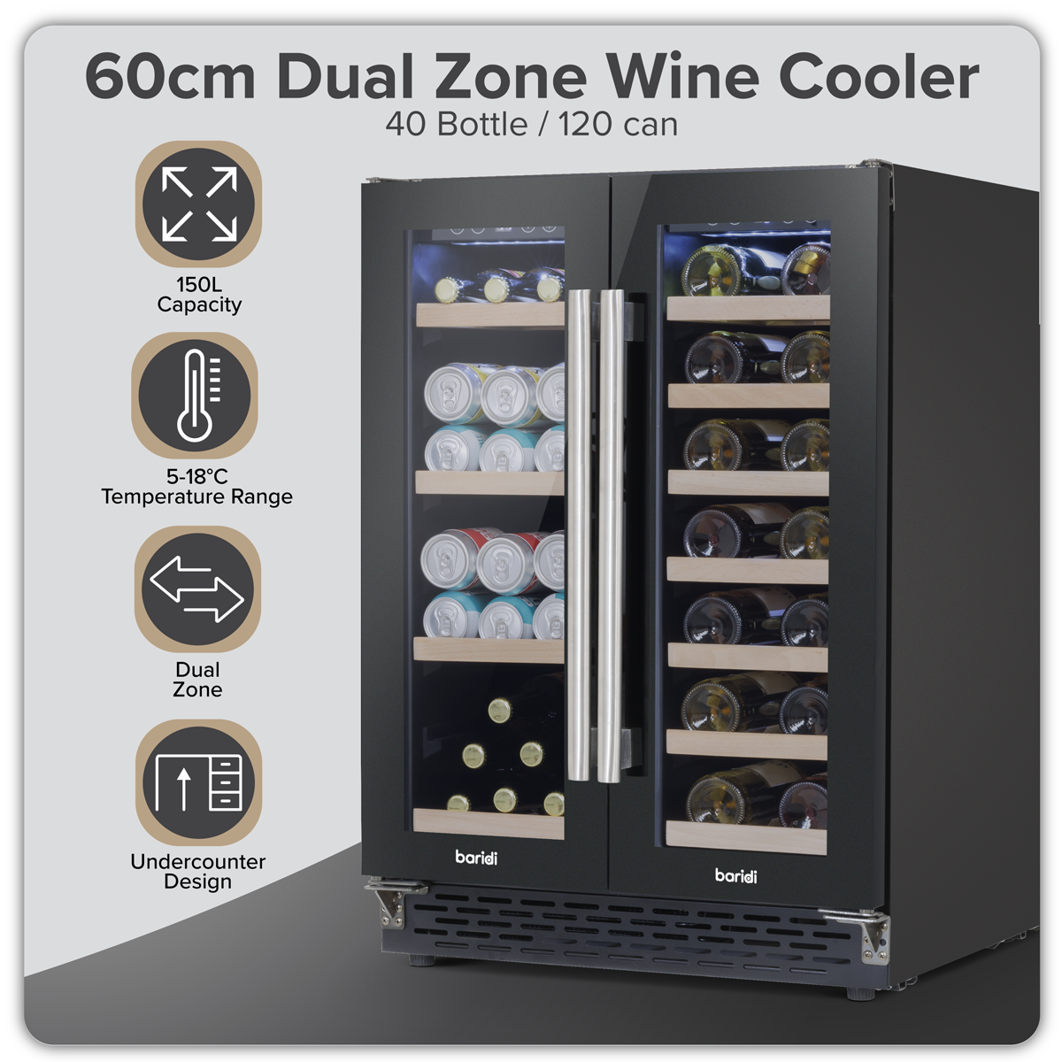 Baridi DH96 40 Bottle/120 Can Dual Zone Undercounter/Freestanding Wine & Drinks Fridge - Black - additional view 25