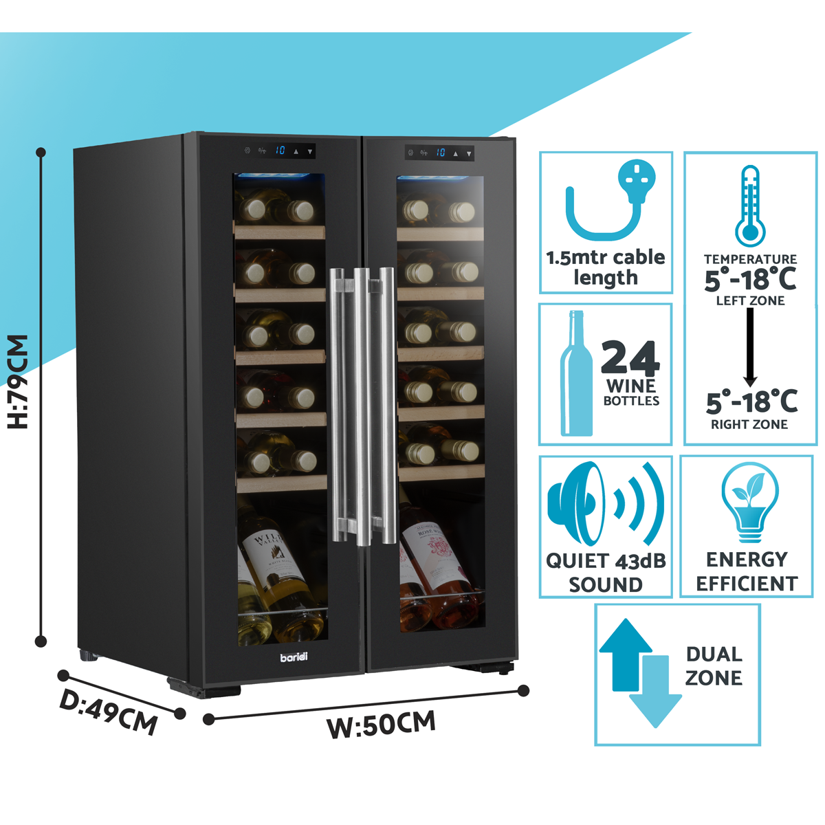 Baridi DH97 24 Bottle Dual Zone Wine Fridge with Digital Touch Screen Controls, Beech Wood Shelves & LED - additional view 2