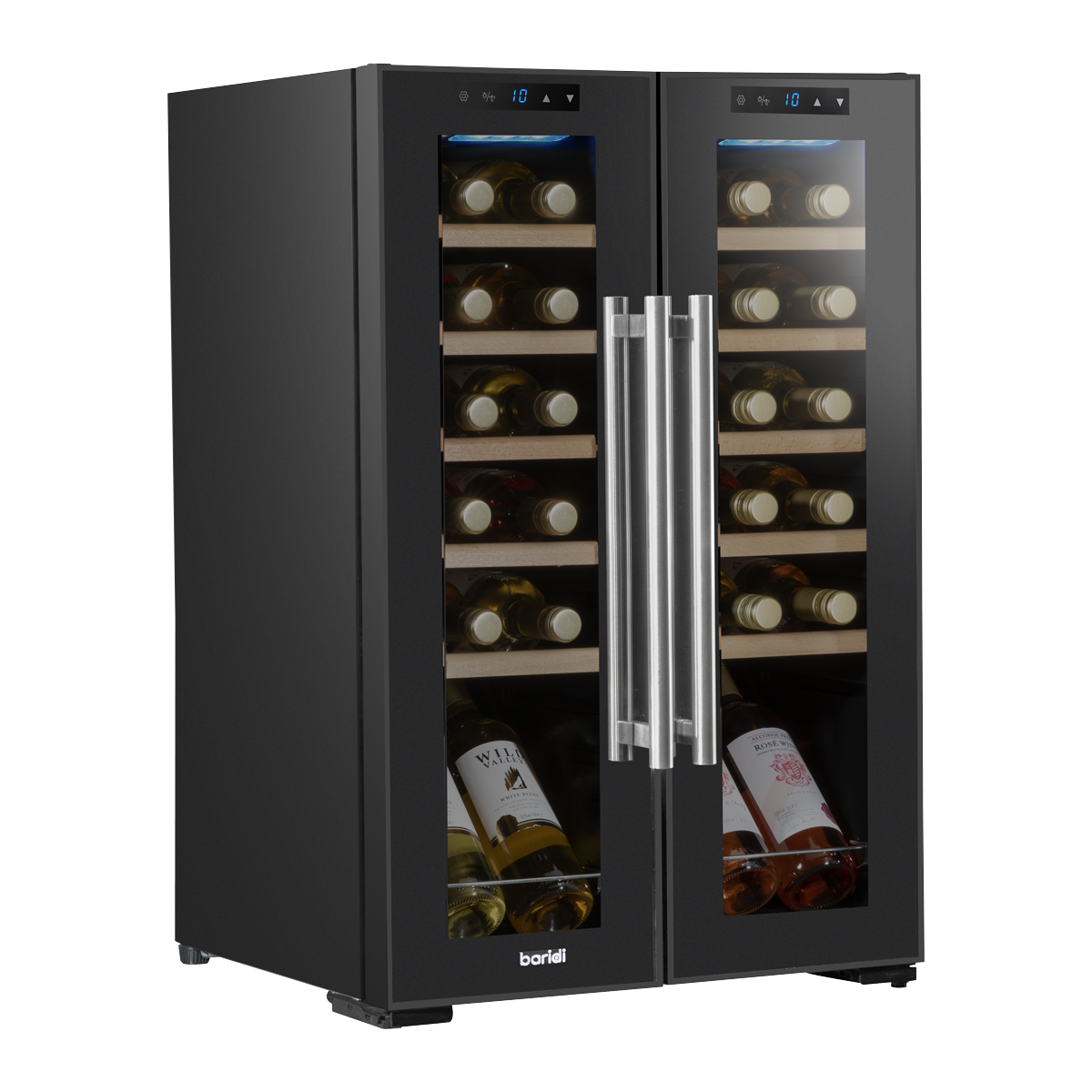 Baridi DH97 24 Bottle Dual Zone Wine Fridge with Digital Touch Screen Controls, Beech Wood Shelves & LED Light - Black
