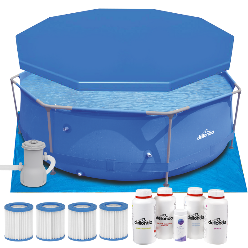 Dellonda DL137 Steel Frame Round Swimming Pool & Filter Pump with Cover, Ground Sheet, Test Strips, Starter Kit & Filters