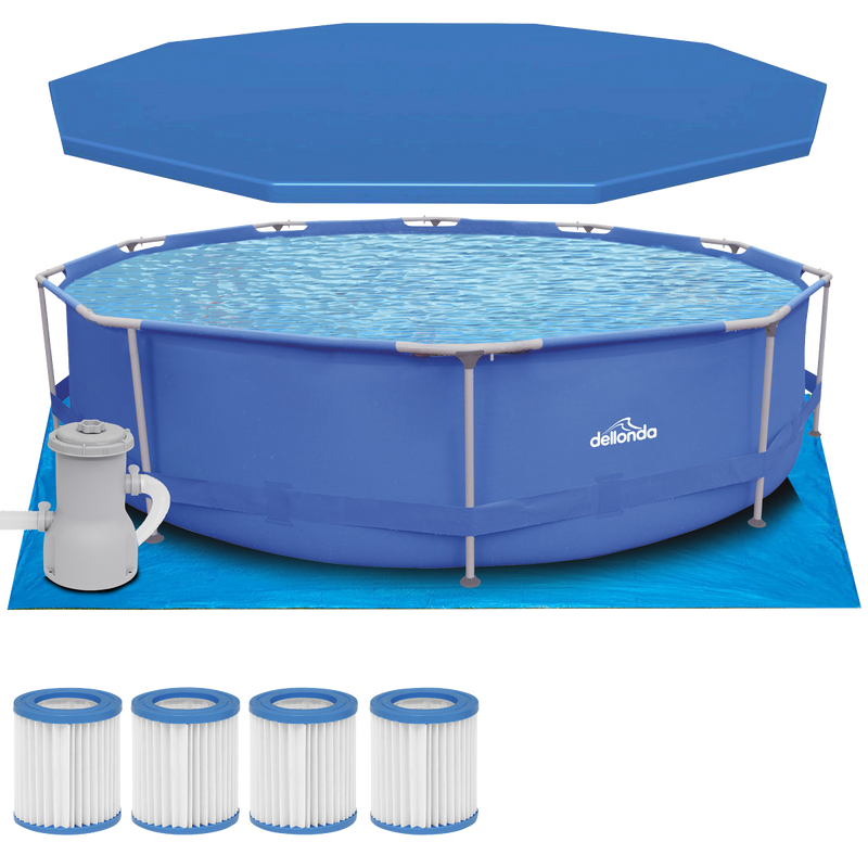 Dellonda DL138 Steel Frame Round Swimming Pool & Filter Pump with Cover, Ground Sheet, Test Strips & Filters 12ft - Blue