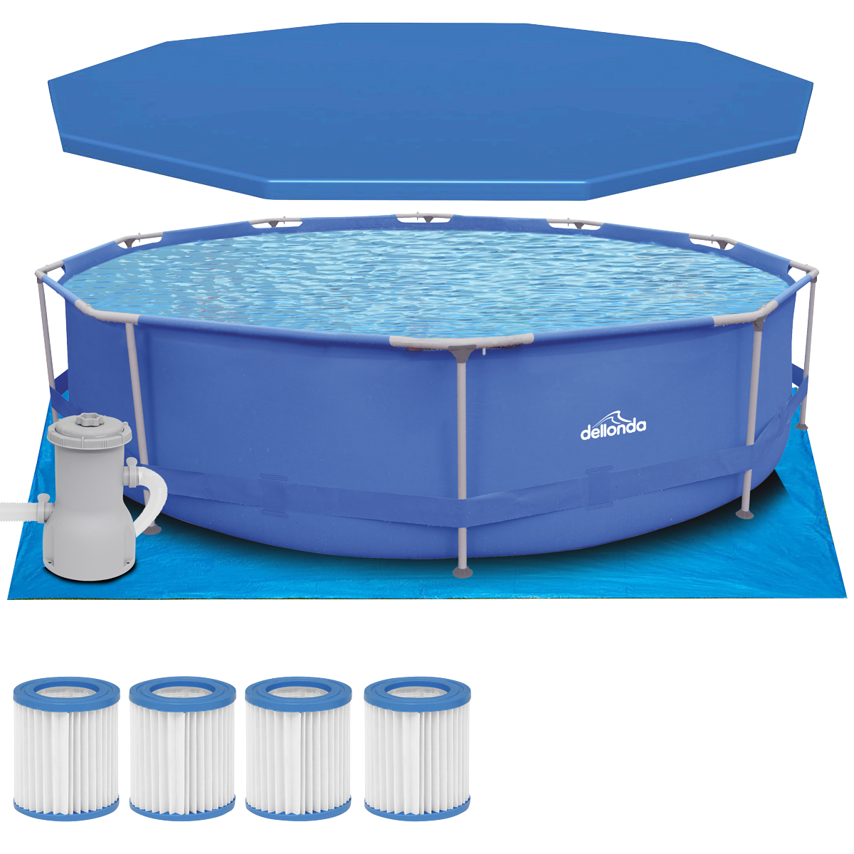 Dellonda DL138 Steel Frame Round Swimming Pool & Filter Pump with Cover, Ground Sheet, Test Strips & Filters 12ft - Blue