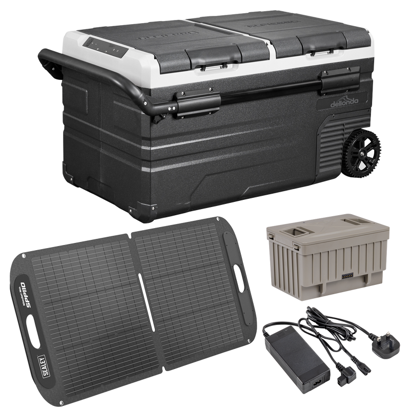 Dellonda DL174 Portable Fridge Freezer/Cool Box 75L with 11.1V Portable Battery, AC/DC 230V Adaptor & 110W Solar Panel