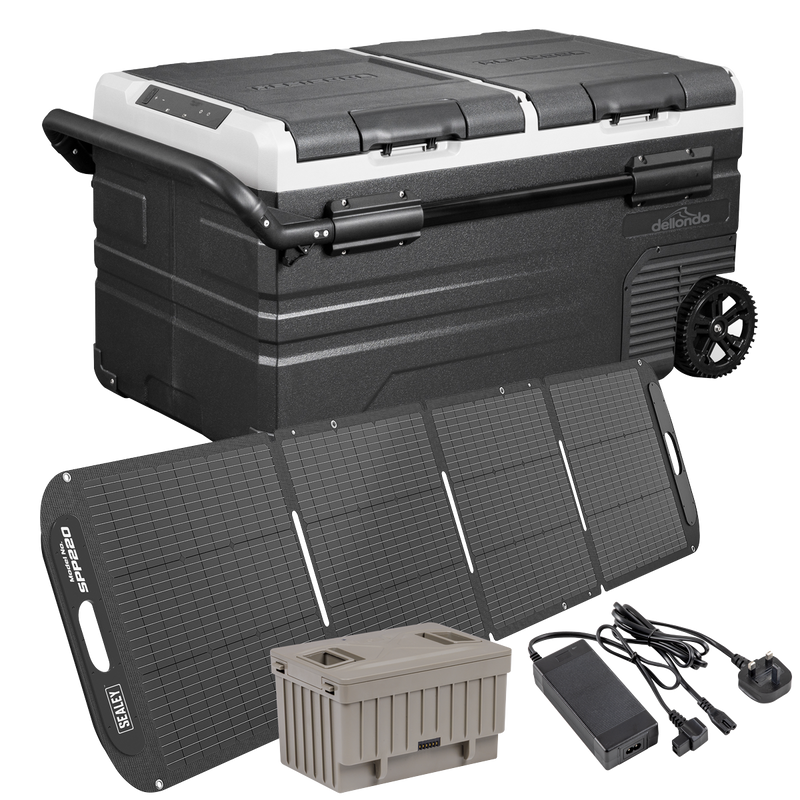 Dellonda DL176 Portable Fridge Freezer/Cool Box 75L with 11.1V Portable Battery, AC/DC 230V Adaptor & 220W Solar Panel