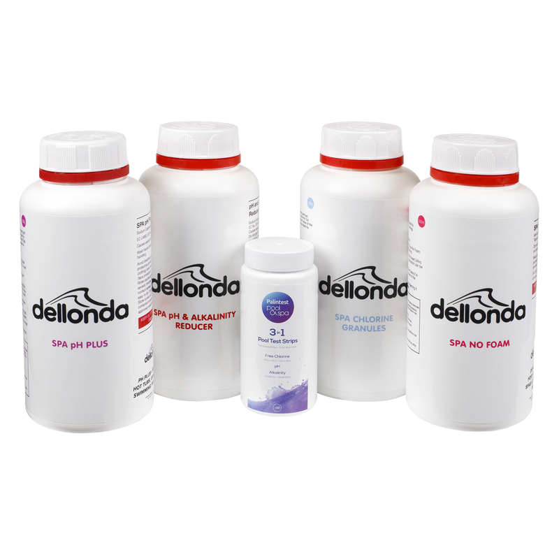 Dellonda DL62 Hot Tub/Spa Starter Kit - Chlorine, pH Increaser, Dry Acid, Foam Down & Test Strips