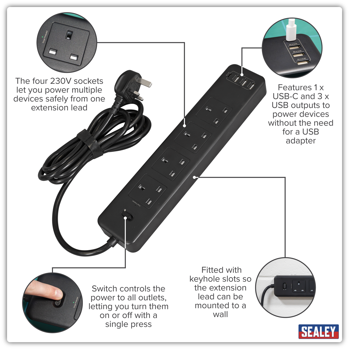 Sealey EL34USBB 2.6m Extension Lead with USB Ports - Black - additional view 4