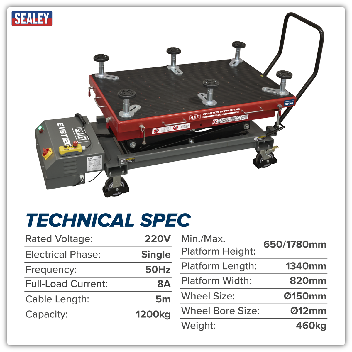 Sealey EVBT1200 High Lift EV Battery Lift/Hydraulic Platform Truck 1200kg Capacity - additional view 13