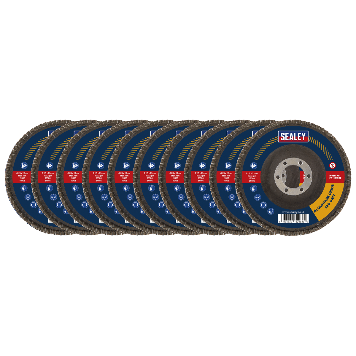 Sealey FD115120E10 115mm Aluminium Oxide Flap Discs 120Grit 22mm Bore - Pack of 10